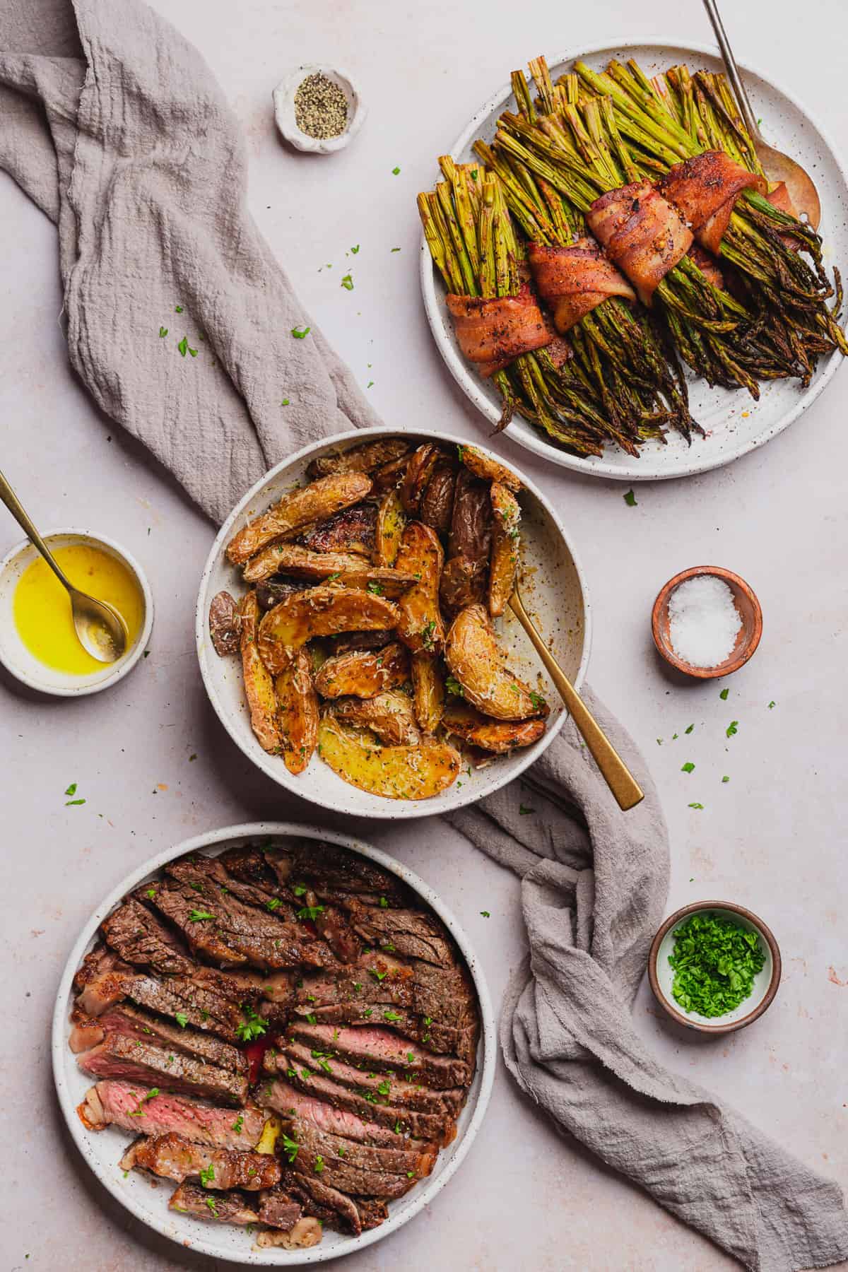 air fryer fingerling potatoes with bacon wrapped asparagus bundles and ribeye steak