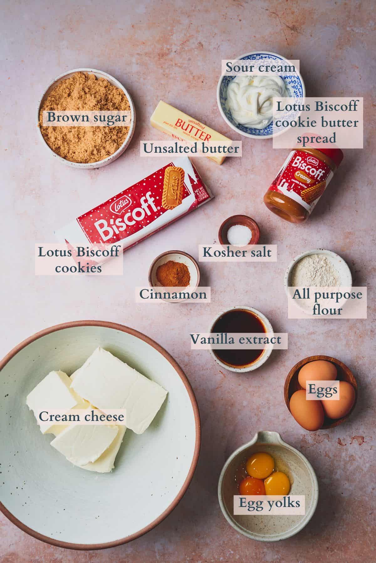 Ingredients to make Biscoff cheesecake laid out on a table and labeled to denote each ingredient. 