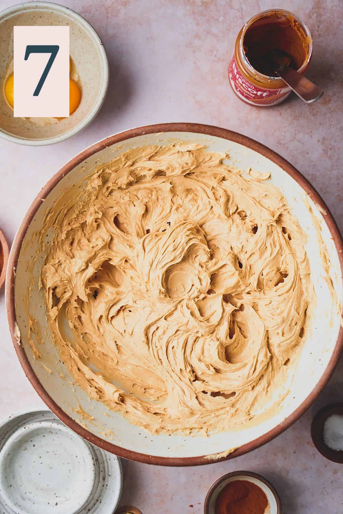 cream cheese and cookie butter mixture creamed together in a large bowl. 