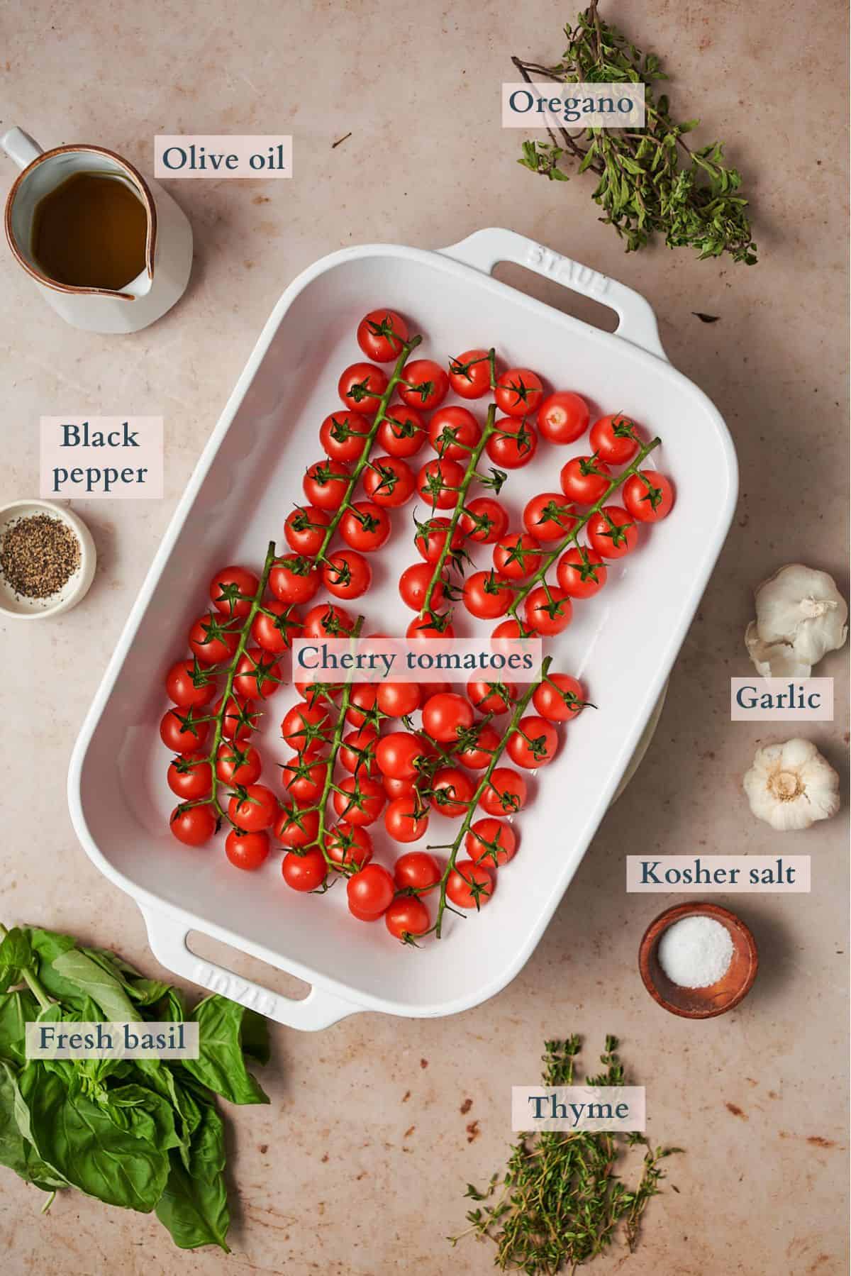 Ingredients to make cherry tomato confit laid out in small bowls with text overlaying to denote each ingredient. 