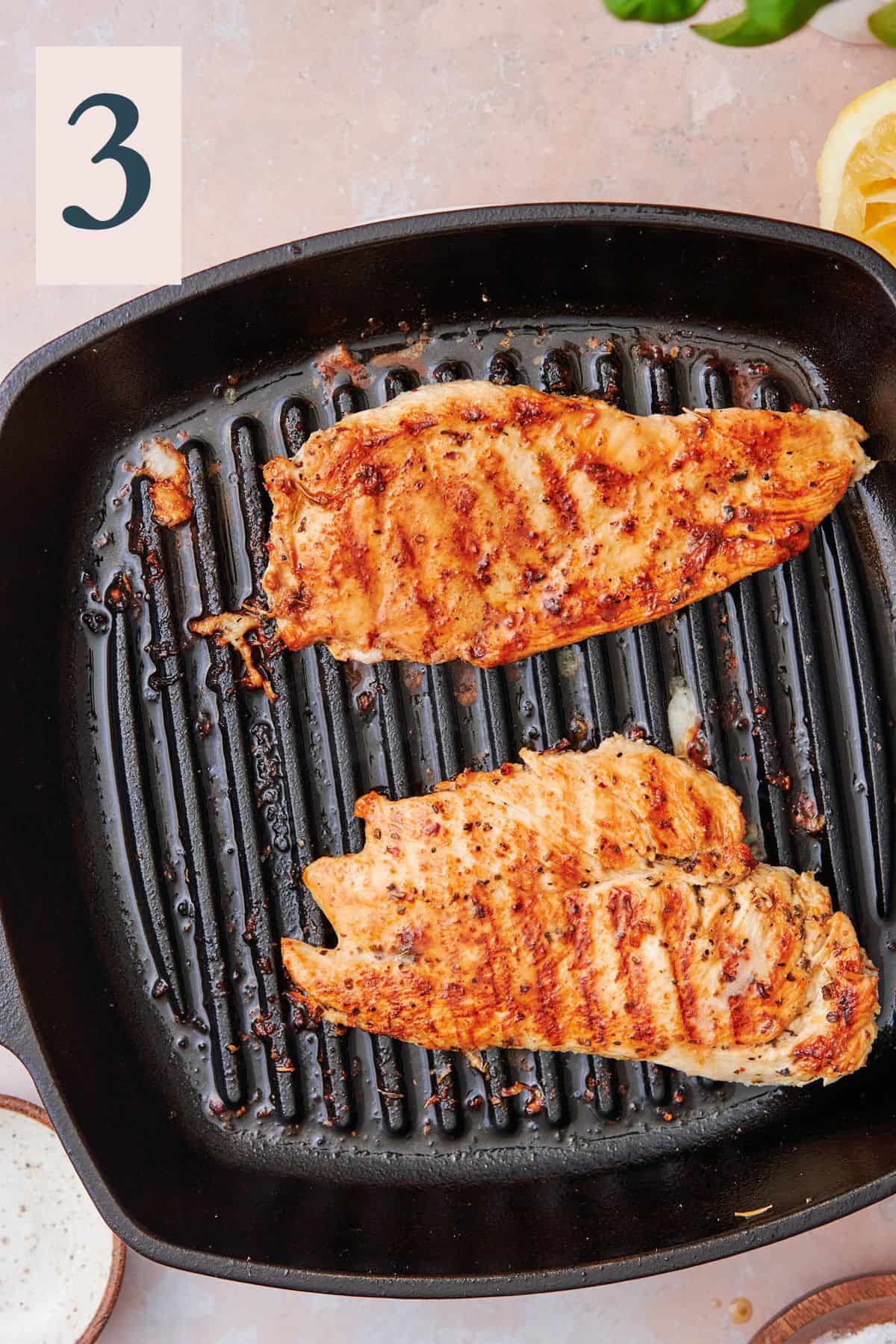 Flipped over seared chicken for griddle fry pan.