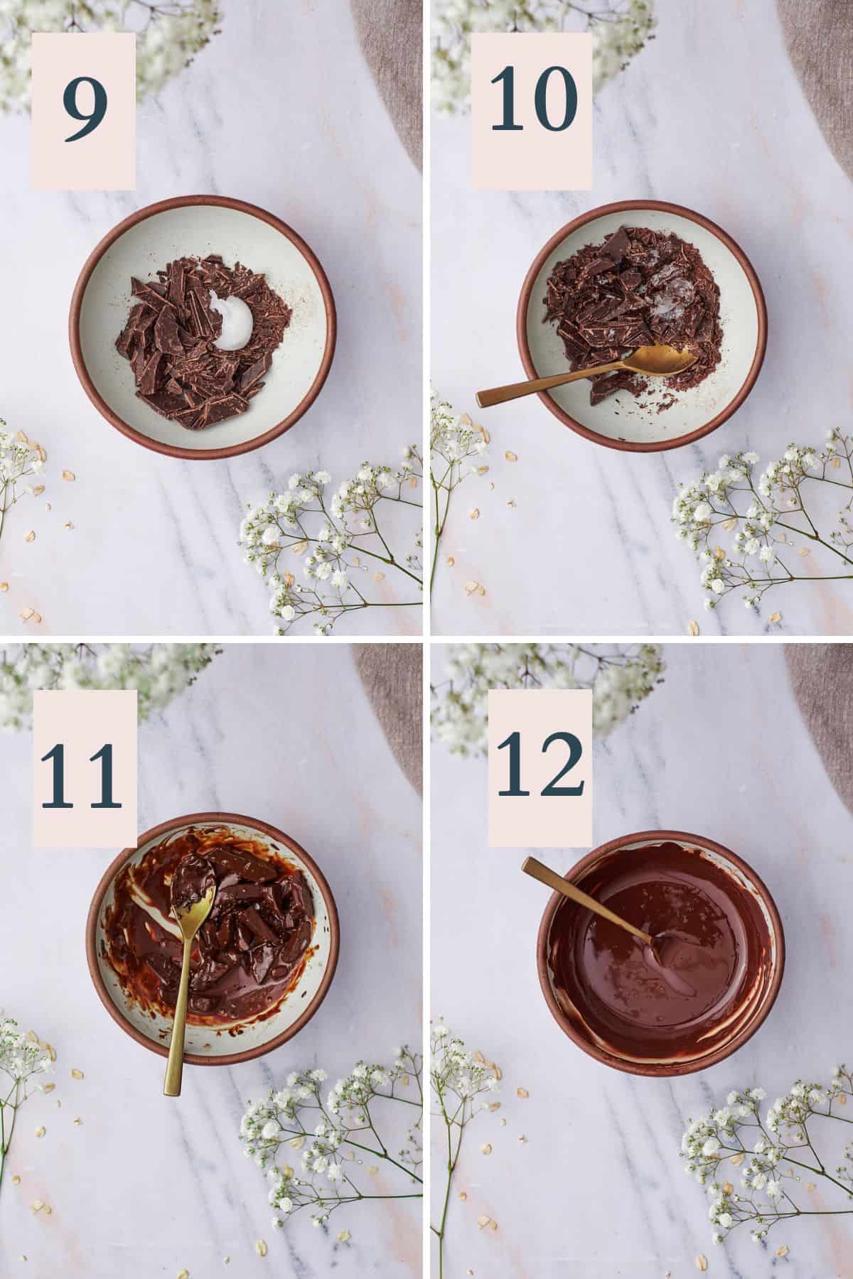 collage of chocolate being melted with coconut oil in a small bowl, and being stirred until smooth.
