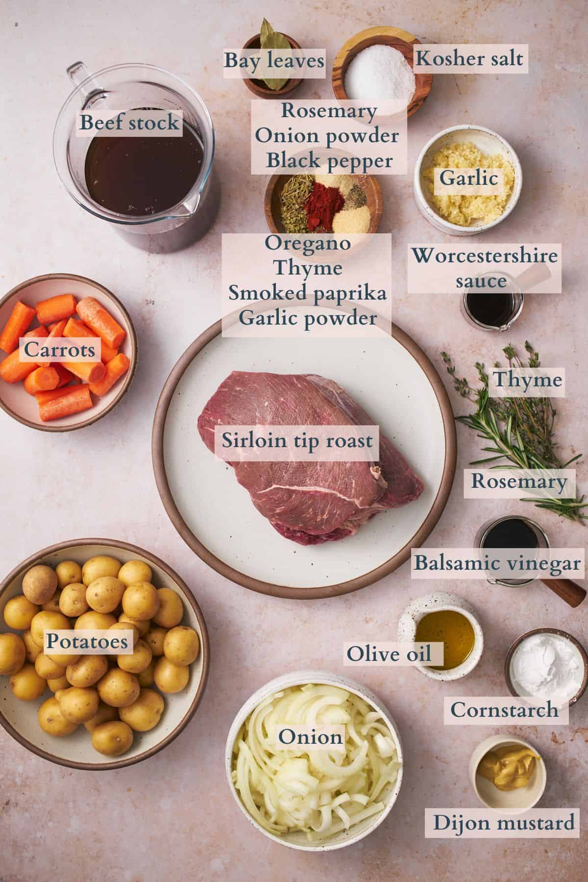 ingredients to make a sirloin tip roast laid out on plates and in bowls labeled to denote each ingredient. 
