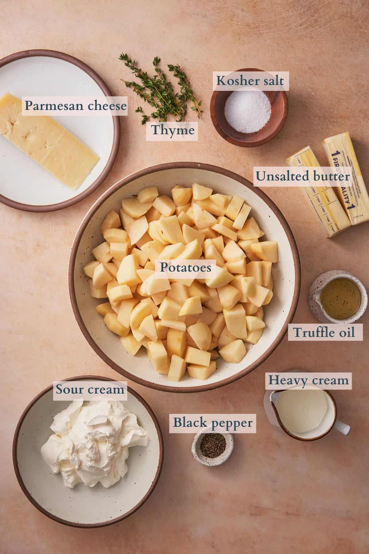 truffle mashed potatoes ingredients graphic, with text to denote each ingredient. 