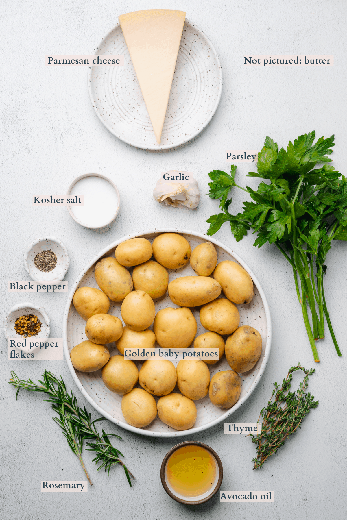air fryer smashed potatoes ingredients graphic with text to denote different ingredients