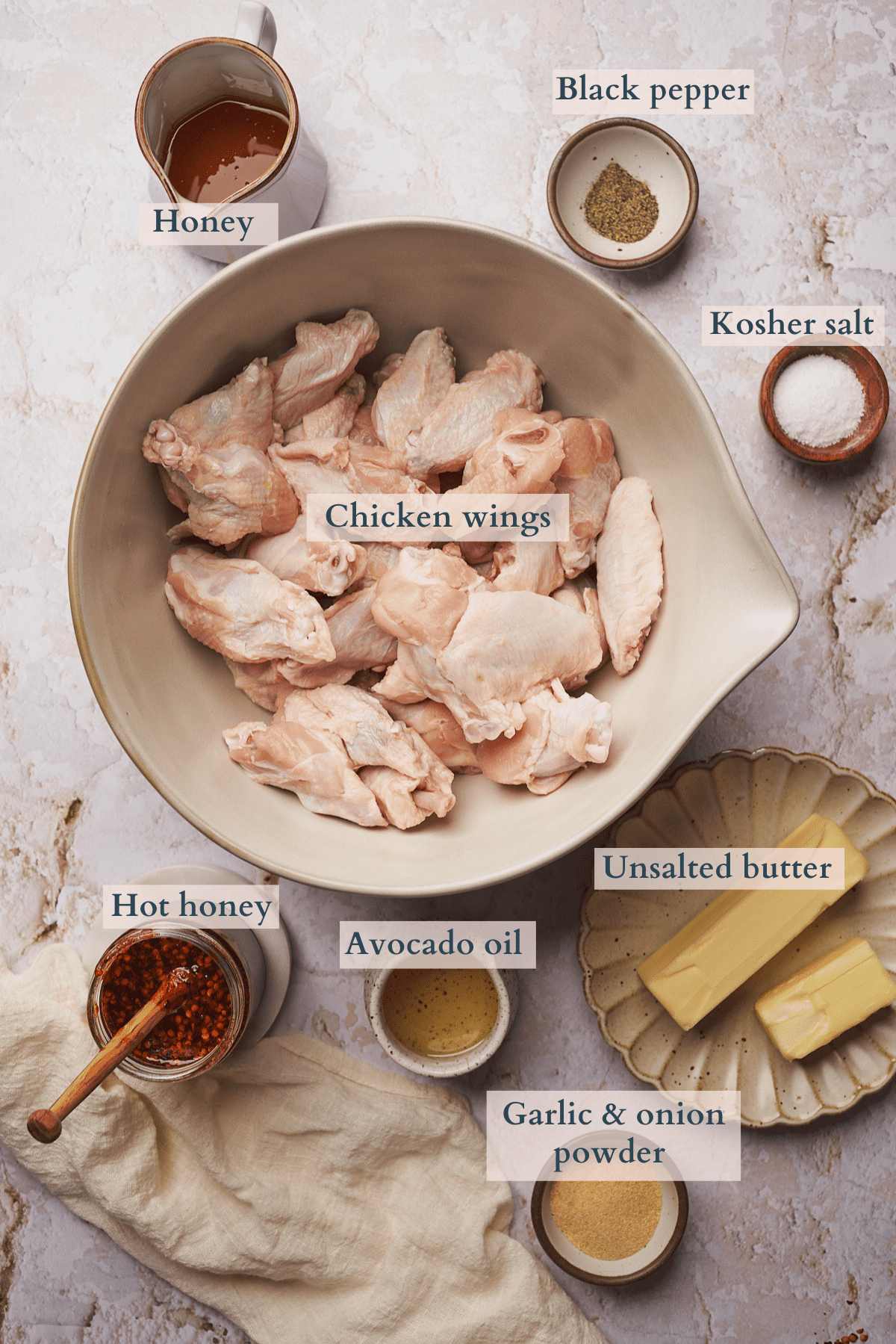 honey hot wings ingredients graphic with text overlaying to denote each ingredient. 