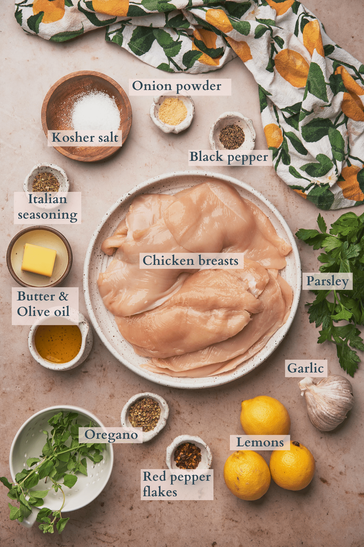 ingredients to make lemon herb chicken laid out on ceramic plates, with text overlaying to denote each ingredient. 